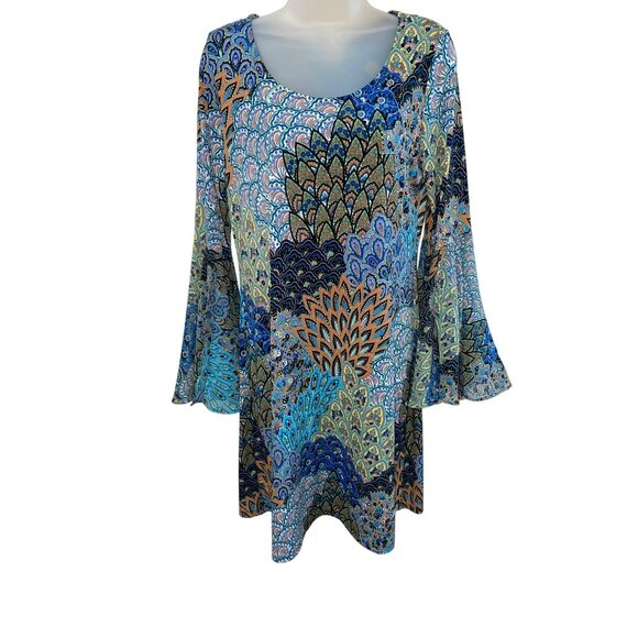 New Prelude Multicolor Bold Bell Sleeve Hippie BOHO Dress Size Medium - Picture 8 of 10